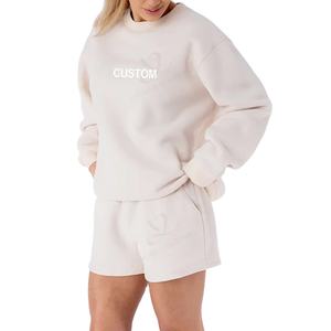 Conjunto de 2 Piezas de Sudadera y Pantalones Cortos Casuales de Invierno para Mujer, Diseño Sólido con Logotipo Personalizado, de Poliéster y Felpa - Product Image 3