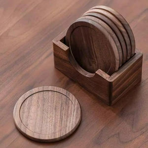 Ensemble de dessous-de-verre en bois de noyer noir de qualité supérieure avec support, rond, résistant à la chaleur, pour table, luxe, maison, salle à manger, vaisselle en bois - Product Image 1