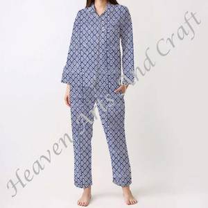 Conjunto de pijama de manga larga Hippie bohemio para mujer, algodón indio, Primavera/Verano, Floral/personaje/letra/patrón/vacaciones/patrón de árbol de coco - Product Image 1