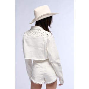 Veste zippée en détresse de haute qualité pour femmes Logo personnalisé Design bleu coupe courte lavé détresse Jean Denim coton remplissage - Product Image 6