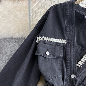 Chaqueta vaquera con cuentas y cuello en V holgada informal para mujer 2025 con Top vaquero corto estampado lavado y teñido liso para verano - Product Image 2