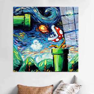 Mario World Starry Night Canvas Art : Impression style Van Gogh, ART SUR VERRE TÉMPERÉ - Product Image 1