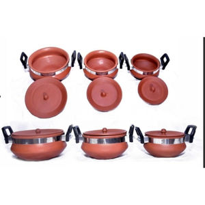 Service de table en terre cuite avec couvercles et poignée de support en acier inoxydable (lot de 3) - Écologique et réutilisable - Product Image 1