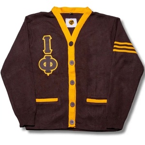 OEM/ODM Fraternité grecque | Iota Phi |   Cardigan en velours d'hiver pour femme, col en V, en acrylique tricoté, couleur marron doré, avec logo brodé - Product Image 1