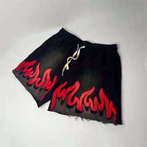 Pantalones cortos planos con cordón para exteriores, bolsillos laterales lavados con desteñidos al sol, parches de llama inferiores de Terry francés, pantalones cortos para hombre - Product Image 2