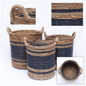 Natural Banana Bark Recycled <b>Plastic</b> <b>Basket</b> Set Black Stripe Coiled Cylinder Arch Handle Pot Planter Pure Art Setup Room Decor - Product Image 2