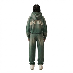 Conjunto de Sudadera con Capucha y Pantalones Jogger de Forro Polar Verde para Mujer Ma-Attiera, Estilo Urbano, Holgado, con Estampado de Letras Teñidas, Dos Piezas - Product Image 2