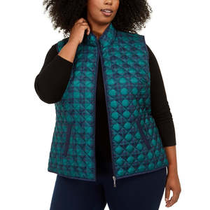 เสื้อกั๊กพัฟเฟอร์พิมพ์ลายลำลองสำหรับผู้หญิงไซส์ใหญ่ แบรนด์ Karen Scott สีกรมท่า ไซส์ 1X สำหรับฤดูใบไม้ร่วง - Product Image 1