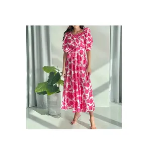 2022 빈티지 꽃 인쇄 쉬폰 드레스 여름 여성 긴 소매 드레스 칼라 캐주얼 슬림 드레스