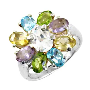 Anillo de Plata Estilo Boho para Mujer con Flores, Múltiples Piedras Preciosas, Patrón Geométrico, Chapado en Rodio, Material Platino, Incrustaciones de Piedras Talladas, Bonito - Product Image 1