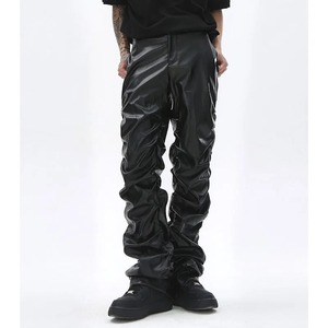 Hip Hop hommes plissé en cuir Pu pantalon Harajuku rétro Streetwear ample froncé pantalon décontracté droit couleur unie noir pantalon - Product Image 3