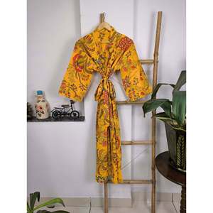 Pure Cotton Boho House <b>Robe</b> Indian Handprinted Summer Dress with Floral Design Yellow Green Red for <b>Beach</b> Cover Wear Christmas - Product Image 5