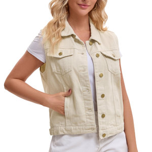 Gilet en jean ample pour femmes, col rabattu, bouton unique, sans manches, respirant, couleur unie, gilet en jean uni - Product Image 4
