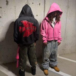 Vente en gros, sweat à capuche personnalisé avec fermeture éclair pour hommes, patch brodé en point, sérigraphie LOGO, sweat à capuche délavé à l'acide avec strass - Product Image 1