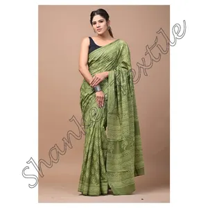 Cotone Mulmul Saree stampa a mano con blusa Sari Jaipuri Saree cotone Mulmul Saree con camicetta scucita di Jaipur India