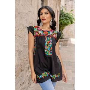 Haut bohème mexicain brodé pour femmes, chemisier ethnique fait à la main, floral, noir, sans manches, tunique en coton - Product Image 2