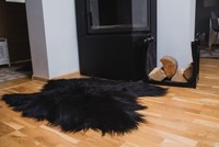 Tapis en peau de mouton islandaise noire naturelle, double face, longues fibres, faits à la main, adaptés aux animaux domestiques, avec support en nylon, style scandinave.