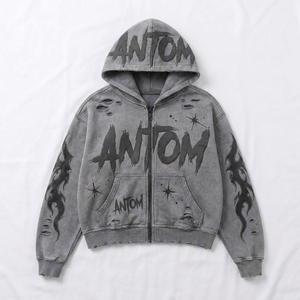 Sudadera con capucha amarilla con cremallera para hombre, estilo urbano, oversize, de algodón tejido con estampado de letras de dibujos animados y diseño de llamas, primavera - Product Image 2