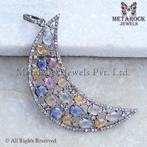 Colgante de luna creciente de diamante hecho a mano, Plata de Ley 925 auténtica, Multi zafiro pavé - Product Image 3