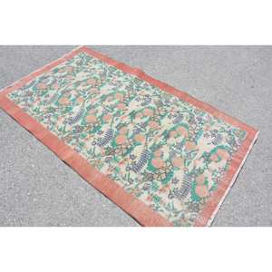 พรมตุรกีโบราณสีส้มสีเขียวส้ม3.7 x 6.5ft ขนสัตว์ดีไซน์เย็บปะติดปะต่อกันทำจากยางวัสดุวิสคอสสำหรับใช้ชีวิต - Product Image 2