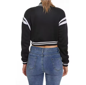 Veste Letterman légère en cuir de vache pour femme haut court col montant Logo avant bouton solide teint uni Style collège - Product Image 5