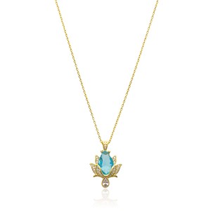 Collier avec pendentif en forme de lotus en zircon clair aquamarine, rhodié, bijoux en argent sterling 925 faits à la main en Turquie pour mariage - Product Image 1