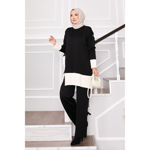 Two-Tone <b>Knit</b> <b>Set</b> for Autumn Loose Fit Casual and Formal Style with Stone Buttons Black Pleated Crocheted Weaving Breathable - Product Image 3