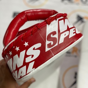 Top Selling Personalized Twins White Red Kickboxing <b>Kick</b> <b>Shields</b> Genuine Leather Protection Training Curved Leg Thai Pads - Product Image 5