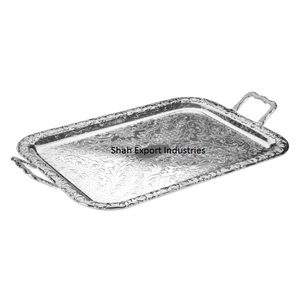 Engraving Design Silver Finished Metal Food <b>Serving</b> <b>Tray</b> for Hotels and Restaurant Supplies Food <b>Serving</b> <b>Tray</b> with Handle - Product Image 1