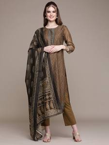 Mujeres étnicas marrón motivos étnicos impresos Poly chaderi Kurta con pantalones y Dupatta indio pakistaní salwaar kameez traje - Product Image 4