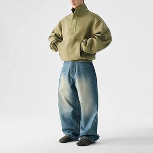 Jeans en denim pour homme, taille haute, coupe large et droite, délavé, style vintage classique bleu, style hip-hop streetwear, sur mesure, grandes tailles - Product Image 3