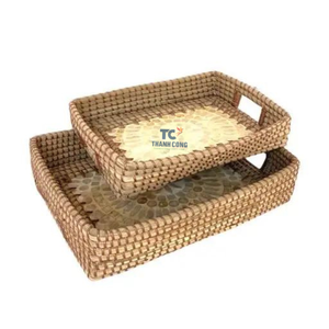 Nouveauté rotin nacre incrustation plateau plateau de service décoratif Rectangle rotin pour affichage de fruits alimentaires jonc de mer avec vadrouille - Product Image 6