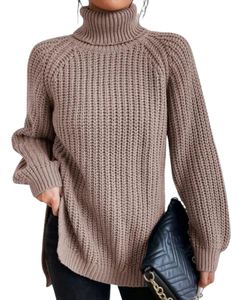 Taupe Turtleneck Knit Sweater For Women Winter Warm Soft Ribbed Pullover Long Sleeve Casual Loose Fit Top Fashion Daily Wear - Product Image 1