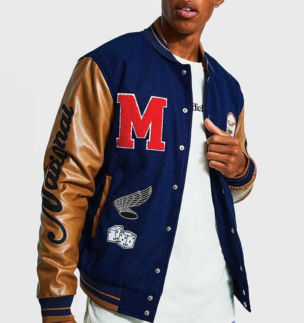 Benutzer definierte Chenille Stickerei Leder ärmel Baseball Letterman Uni-Jacke für Männer Uni-Jacke Leder ärmel