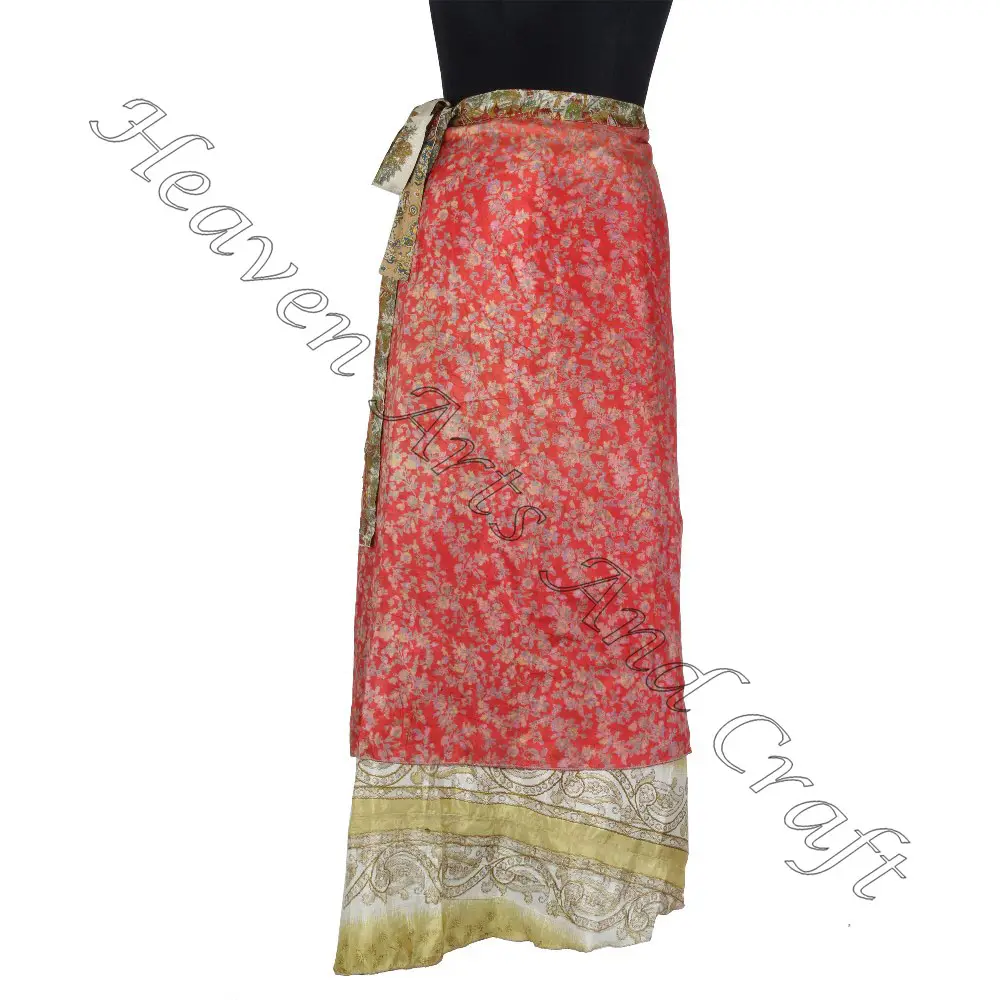 Yeni hint Vintage ipek Sari mini etek Bohemian sihirli kadın kadın giyim Vintage ipek Sari uzun uzunluk bele sarılan etek 2 katmanlı