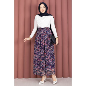 Navy Blue Floral Patterned <b>Elastic</b> Waist Chiffon Tulle <b>Skirt</b> with Soft Print Decoration - Product Image 3