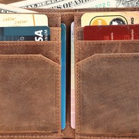 Dompet Pria Kulit Asli Berkualitas Premium Buatan Tangan Mewah Desain Lipat Gaya Patriotik Logo Warna Kustom Bentuk Persegi Panjang