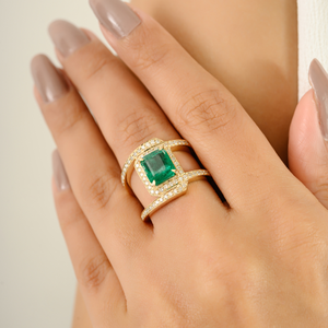 Piedra preciosa natural 2 Ct. Esmeralda de Zambia y Diamante fino Split Shank anillo de bodas al por mayor K14 joyería de diseñador de oro amarillo - Product Image 4