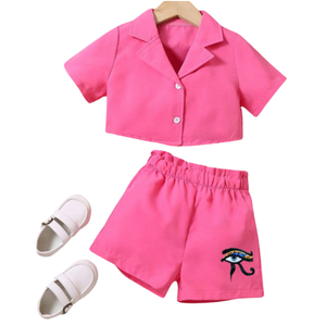 2025ชุดเสื้อผ้า2ชิ้นสำหรับเด็กผู้หญิงเสื้อลำลองมีกระดุมแบบเย็บปะติดกางเกงขาสั้นแฟชั่นสำหรับเด็กทารกเด็กวัยหัดเดินฤดูร้อน - Product Image 1