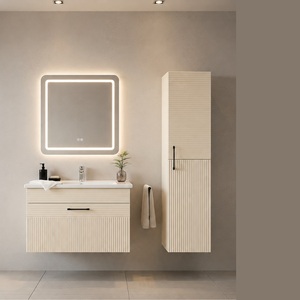 Mueble de Baño Moderno de Pared con Espejo LED Táctil, Gabinete de MDF Color Crema, Lavabo de Cerámica, Diseño Minimalista, Redondo, 60 Pulgadas - Product Image 6