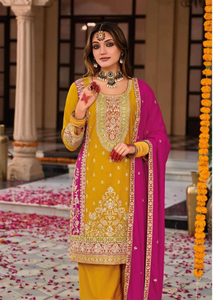 Haute qualité coton Chinon Salwar Kameez ensemble broderie artisanale mariée-prêt Plazzo Dupatta pour les fêtes spécial indien - Product Image 4