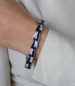 Bracelet à Maillons Miroir Art Déco Platine Saphir Bleu et Diamant Bracelet Tennis Coupe Baguette Saphir et Coupe Ronde - Product Image 5