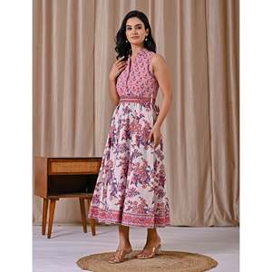 Vestido sin mangas rosa y blanco con estampado de bloques, cuello elegante, informal, largo hasta el suelo, cintura natural, transpirable, con cremallera - Product Image 6