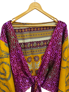 Robe portefeuille courte en soie taille libre Top portefeuille en tissu sari vintage Top bohème à imprimé floral - Product Image 2