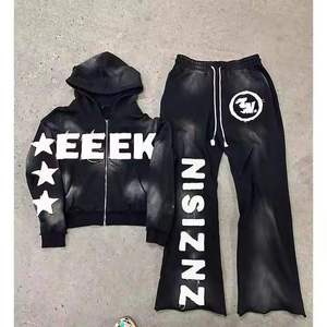 Custom Distressed Patchwork Men's Sweatsuit <b>Zip</b> <b>up</b> <b>Hoodie</b> Flared Pants Tracksuit men Acid Washed Sweatpants and <b>Hoodie</b> Set - Product Image 1