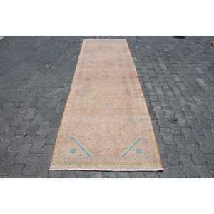 Turkish Vintage Runner Rug 3.1x9.5 ft, <b>Brown</b> Check Rug <b>Wool</b> - Product Image 1