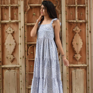 Summer Maxi Cotton Floral White Pink Formal A-Line Vintage <b>Dress</b> | Handmade in India | Square Collar Smocking - Product Image 1