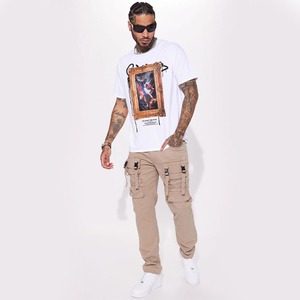 Pantalones Cargo Beige para Hombre, 100% Algodón, Corte Slim Fit, con Tirantes de Hebilla y Cierre de Botones, en Oferta - Product Image 3