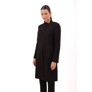 Manteau coréen croisé à col montant pour femme – Doublure respirante en cachemire tissé et nylon, noir à motif intégré - Product Image 3