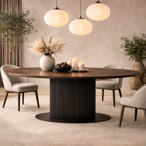 Mesa de Comedor Ovalada de Madera de Mango Sólida |   Muebles de Comedor Modernos de Lujo para Uso Comercial |   Mesa de Restaurante con Base de Pedestal Negra - Product Image 1